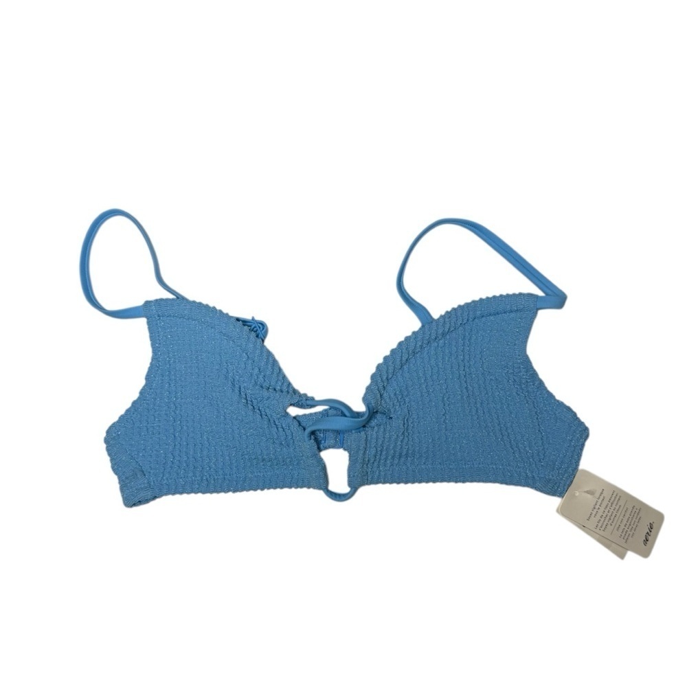 Aerie Shimmery Crinkle Lace Up Scoop Bikini Top XXS Blue NWT UPF 50 PROTECTION - Picture 2 of 10